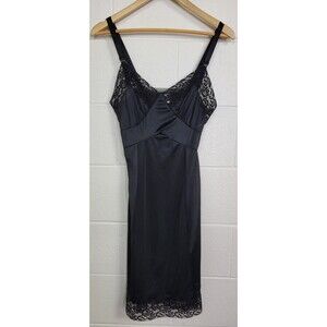 Vintage Movie Star Black Nylon Tricot Satin‎ Slip Chemise w. Lace Sz 32